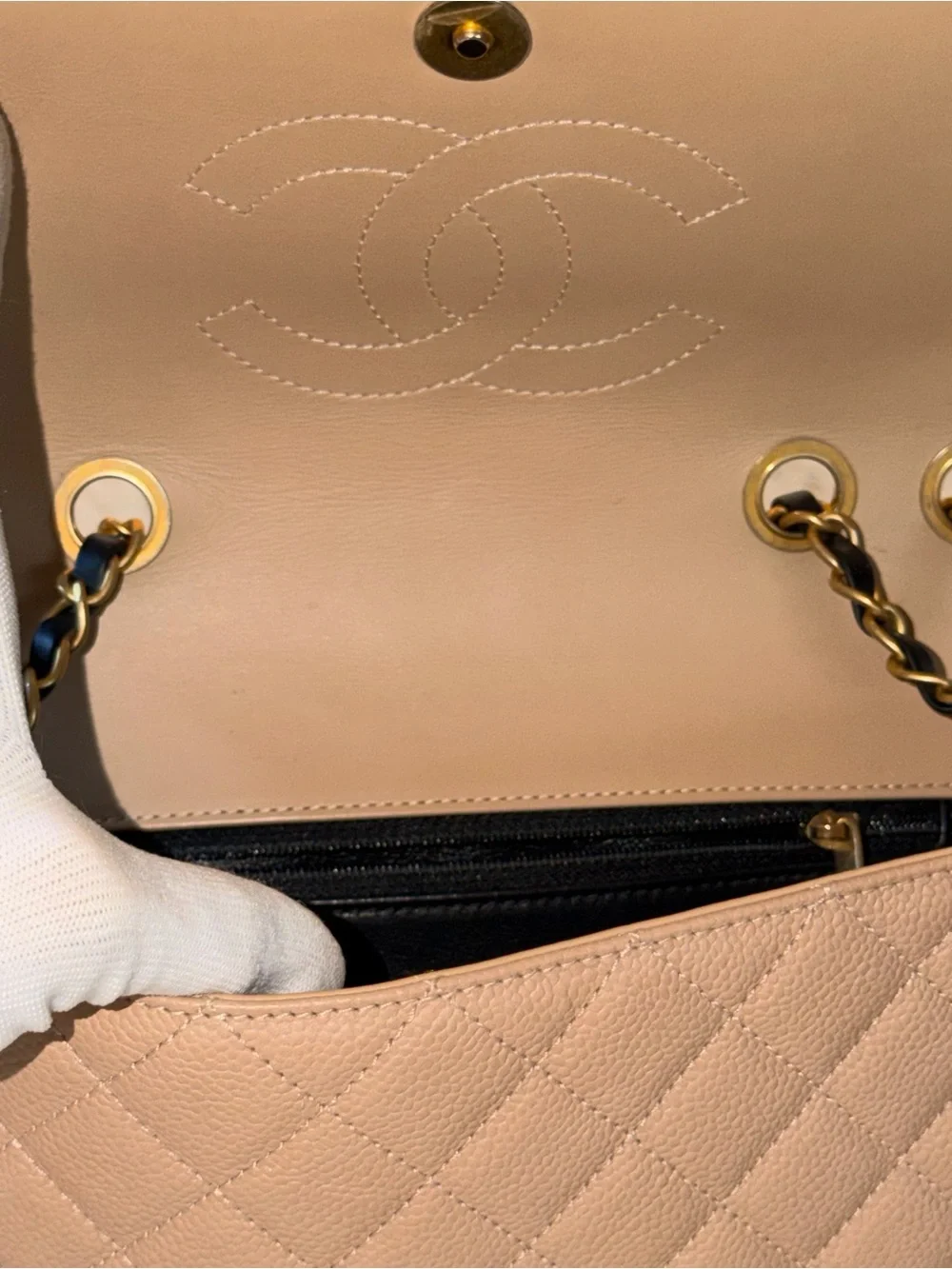 CHANEL Small CC Filigree Flap Bag Beige Black, Caviar Leather GHW